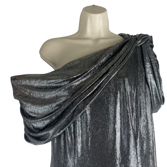 Tadashi Shoji Copley Shoulder Drape Lame Gown Silver Steel Size XL - Picture 5 of 13